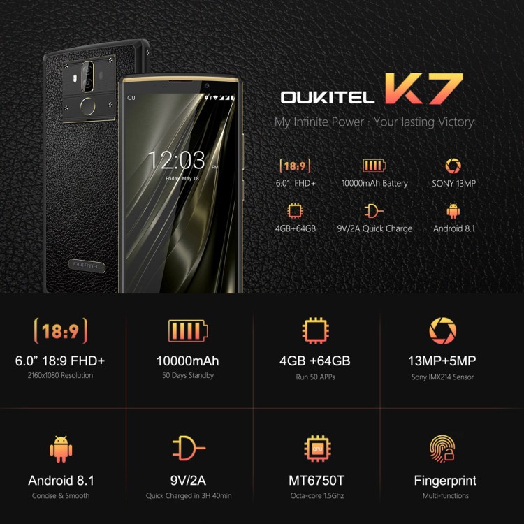 Điện thoại Oukitel k7 8 nhân RAM 4GB ROM 64GB PIN 10.000mAh