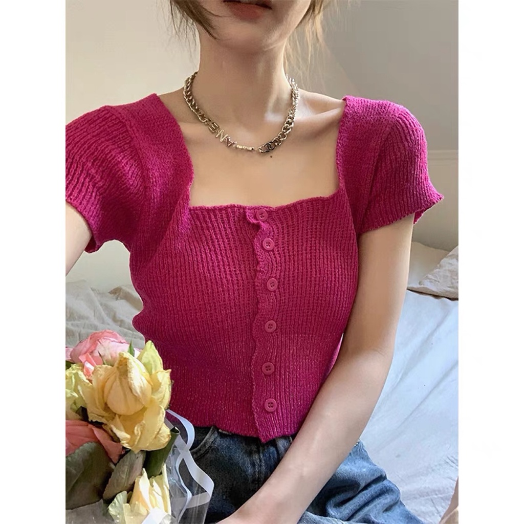DUNEA Áo Dệt Kim Nữ Cổ Vuông Cài Nút Màu Trơn