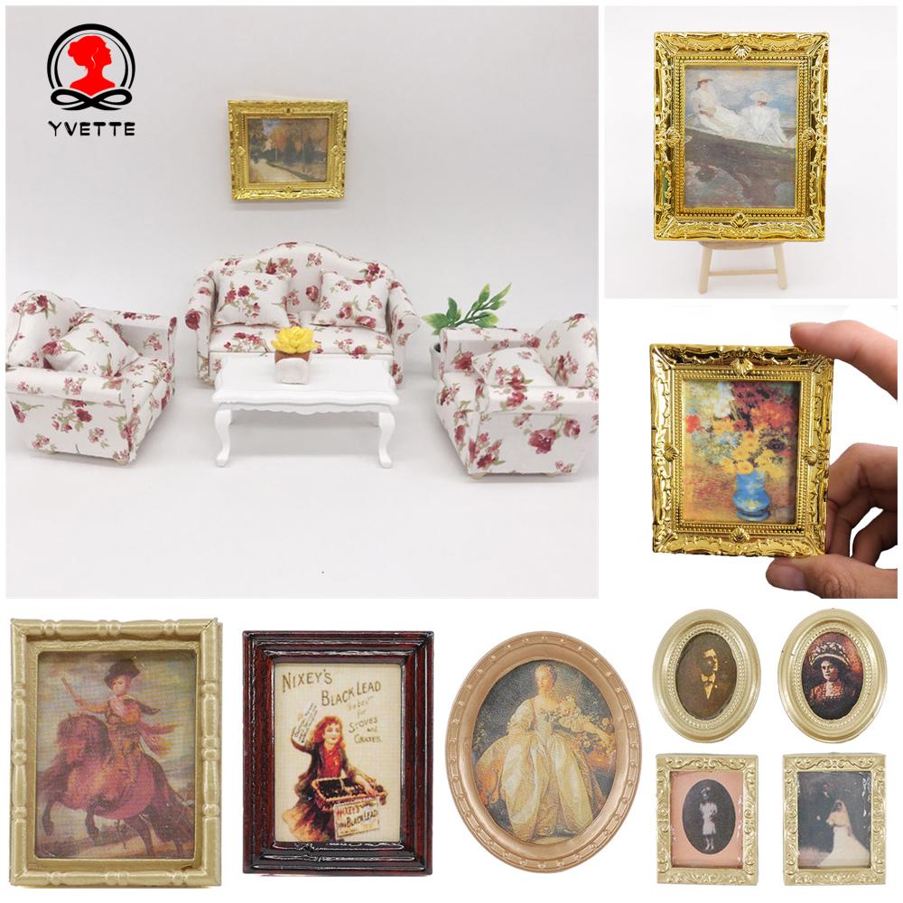 YVETTE Kids Toys Miniature Oil Painting Resin Craft Mini Picture 1:12 Scale Playing House Doll Accessories Retro Dollhouse Ornament Vintage Framed Photos
