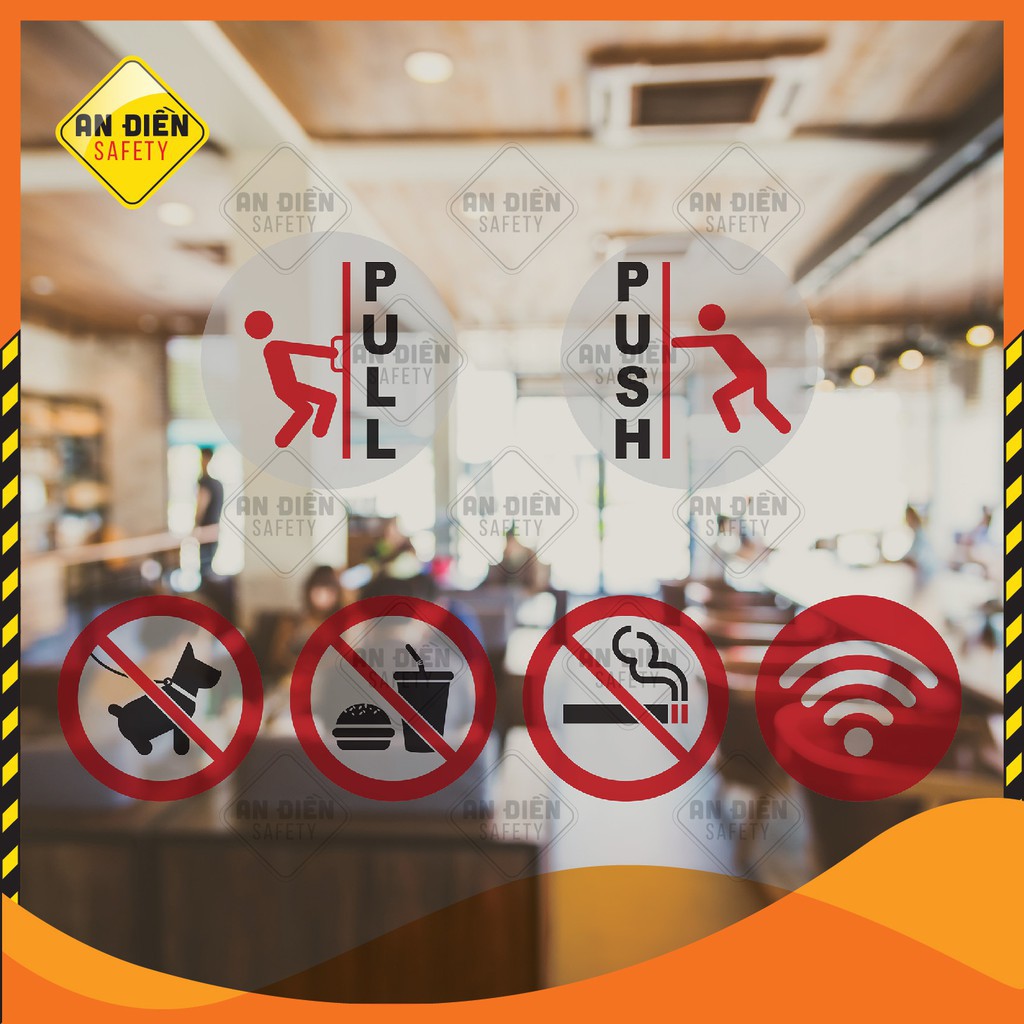 Bộ 6 Sticker Biển Báo dán cửa kính No Smoking, No Pets, No Food, Free Wifi, Push Pull