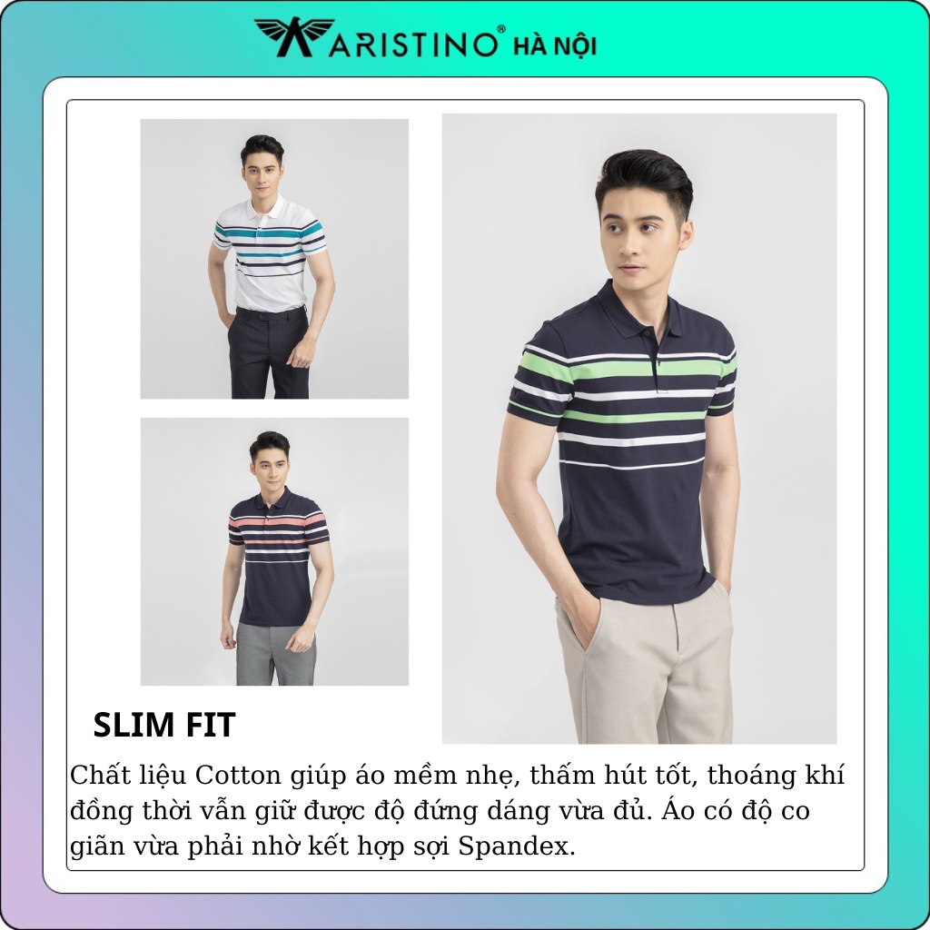 Áo thun ngắn tay cổ bẻ ARISTINO hoạ tiết kẻ ngang phối màu, mềm nhẹ thấm hút tốt - APS001S1