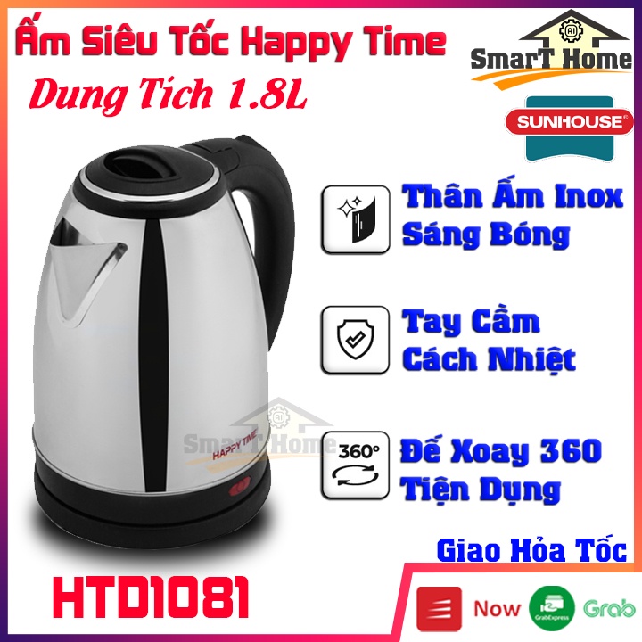 Ấm Đun Siêu Tốc Sunhouse 1.8l HTD1081 , Ấm Siêu Tốc Happy Time 1.8l Chất Liệu Inox 304 Cao Cấp Tay Cầm Cách Nhiệt