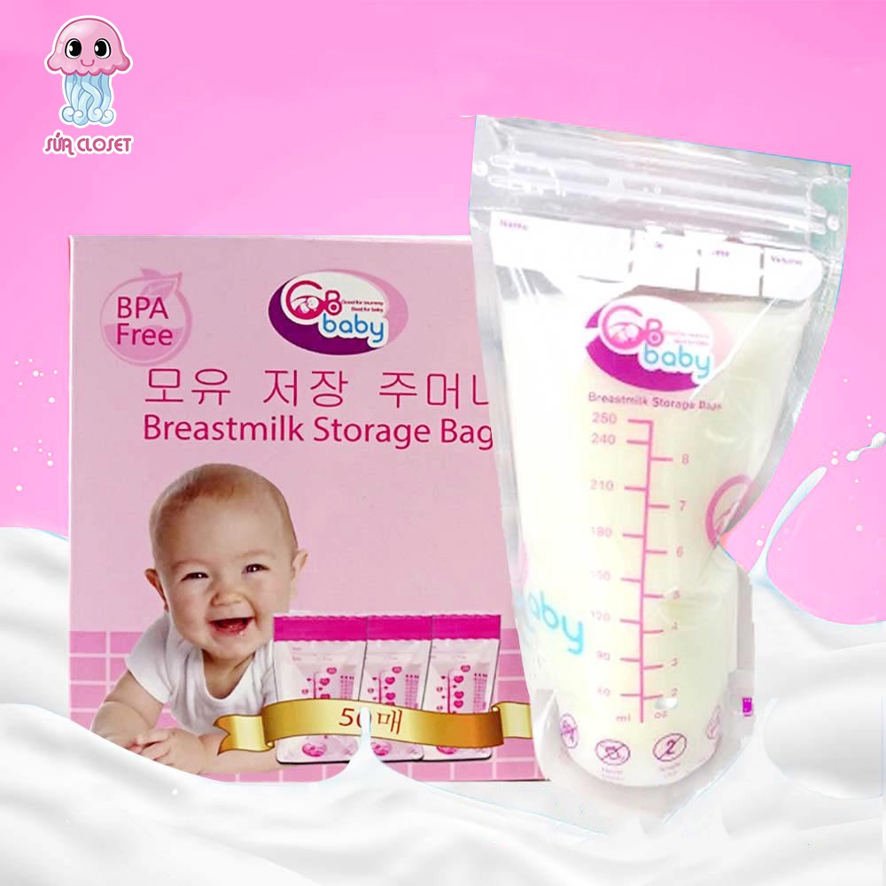 Hộp 50 túi trữ sữa Gb Baby vỏ hồng dung tích 250ml 2 khóa zip