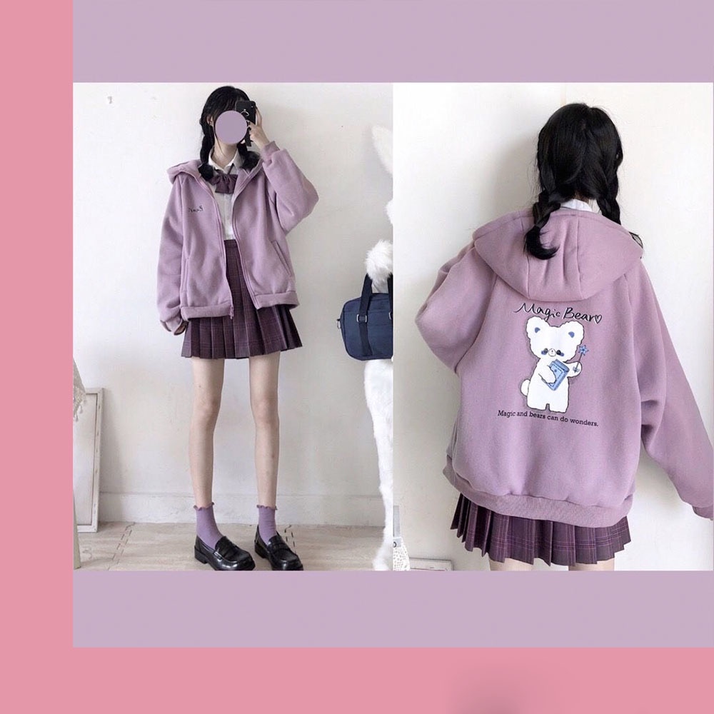 Áo khoác Bear nữ phong cách học đường Nhật Bản có mũ trùm đầu, dáng hoodie A00118