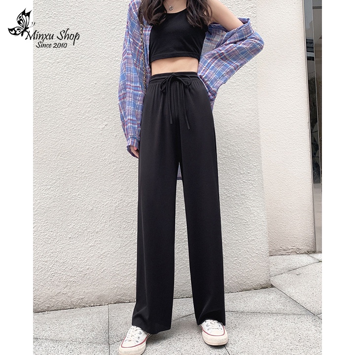 Quần suông gân tăm cạp chun mềm co giãn, quần ống rộng nữ siêu thoáng mát Minxu shop QTN