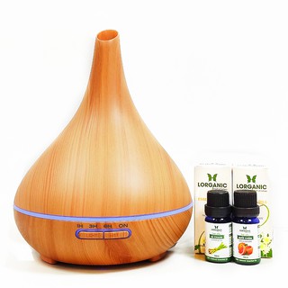 Máy khuếch tán tinh dầu bình tửu vân gỗ vàng FX2042 + tinh dầu sả chanh + bưởi chùm Lorganic (10ml x 2)