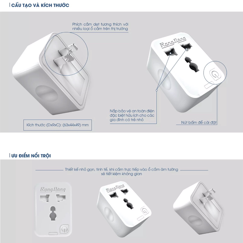 Ổ cắm điện Wifi thông minh Rạng Đông 16A, điều khiển bằng Wifi, 3G, 4G, công suất 3500W