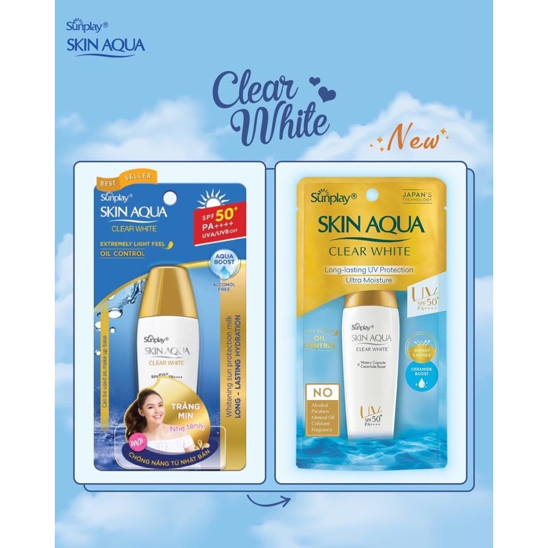 unplay Skin Aqua Clear White SPF50+, PA++++: Sữa chống nắng dưỡng da trắng mịn tối ưu-25g tặng hàng kèm