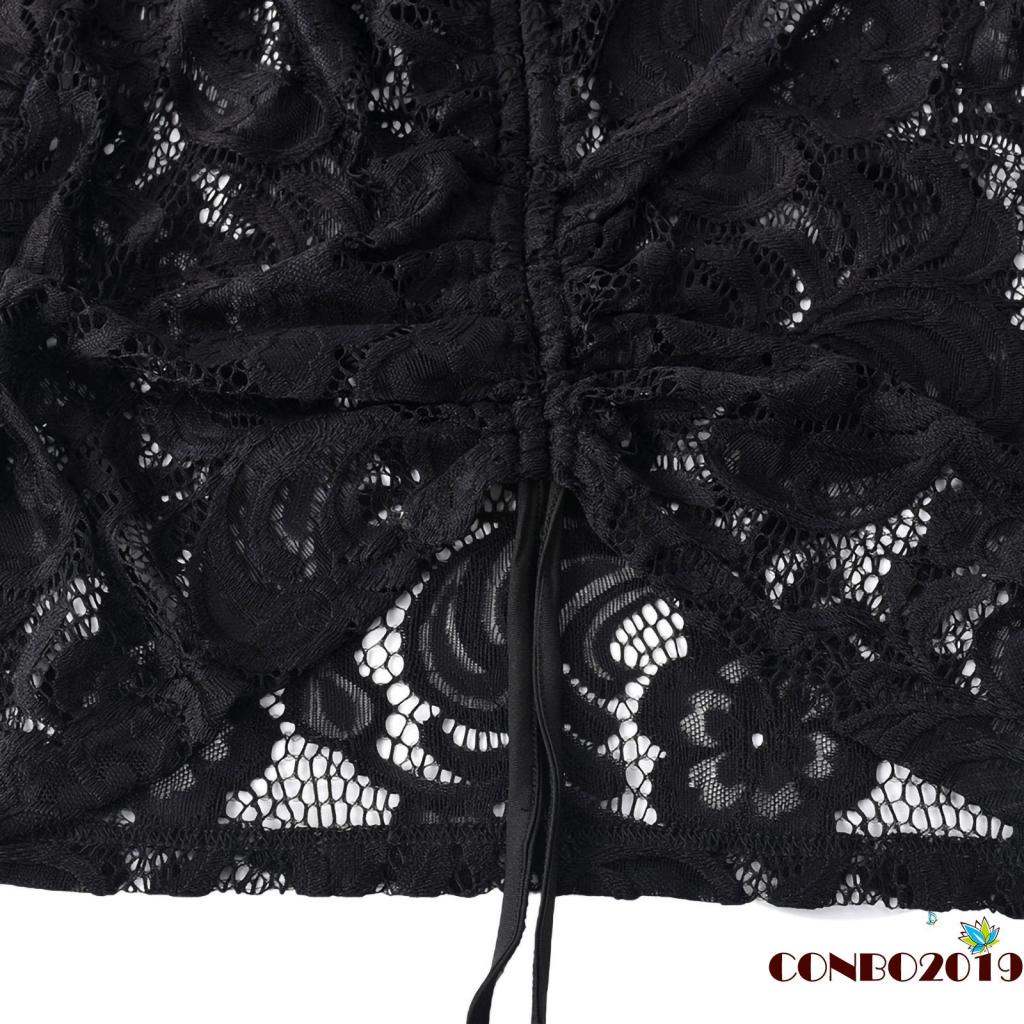 Đầm Ren Một Mảnh Tay Dài Cổ Yếm Có Dây Rút Dành Cho Nữ