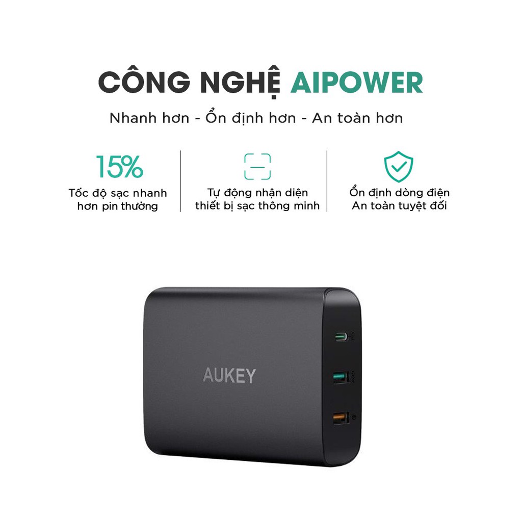 Sạc Aukey PA-Y13 tổng công suất 74.5W Sạc Nhanh PD 46W, AiPower, QC 3.0 - Hàng chính hãng Aukey