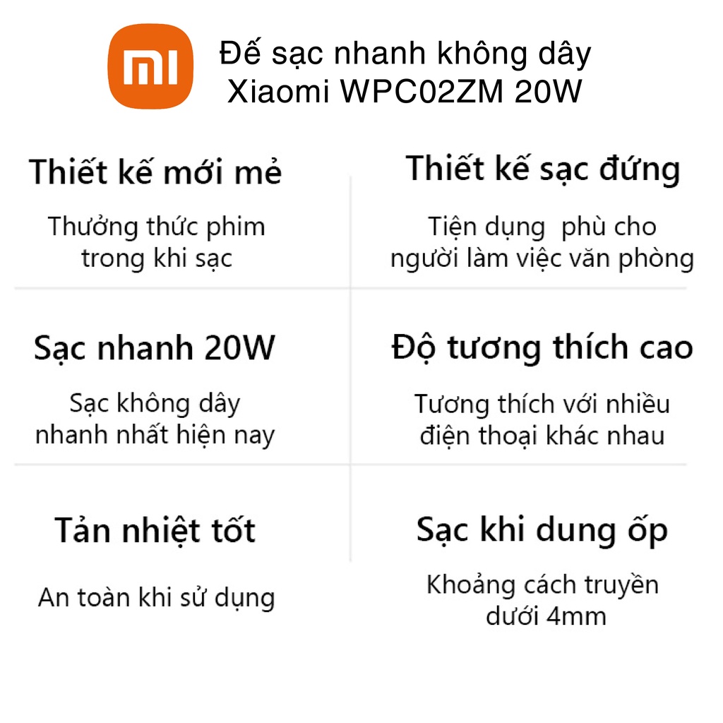 Đế sạc không dây Xiaomi WPC02ZM 20W cực nhanh, chuẩn Qi siêu an toàn, tương thích nhiều thiết bị, sạc xuyên ốp