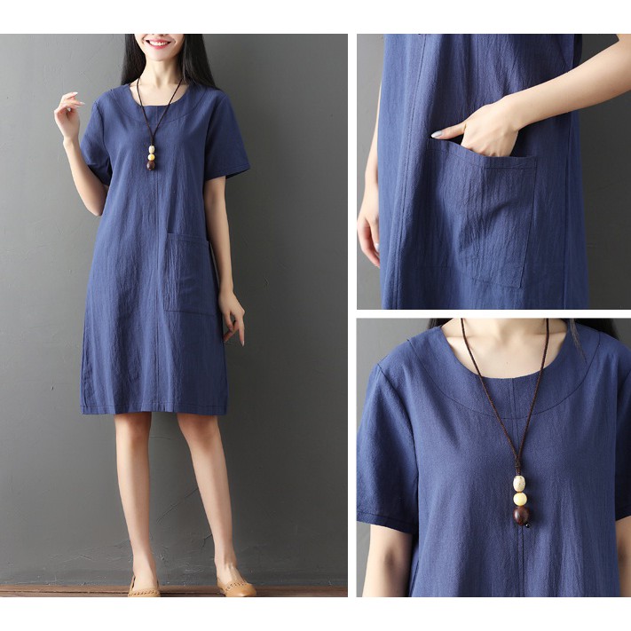 Đầm suông ngắn tay phối túi vuông thời trang. - DS72