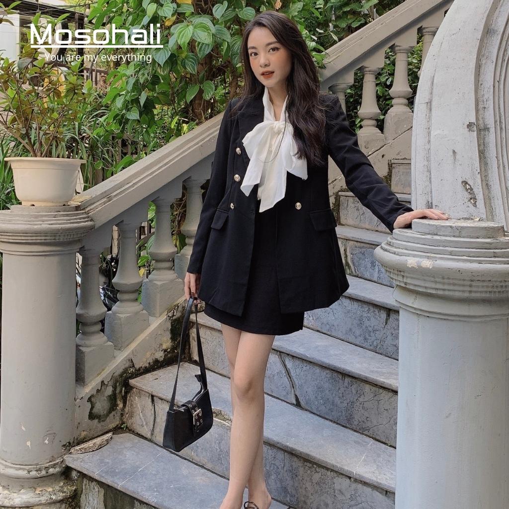 Set vest nữ Mosohali đen trơn 6 khuy set blazer nữ chân váy cạp cao (Áo vest + chân váy)