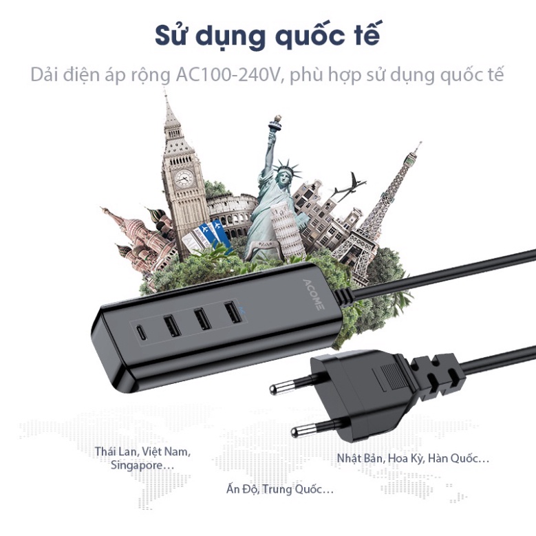 Ổ Cắm Sạc Hỗ Trợ Sạc Nhanh 4 Cổng Sạc USB-A Type C Tương Thích Thiết Bị Android IOS Acome AC20