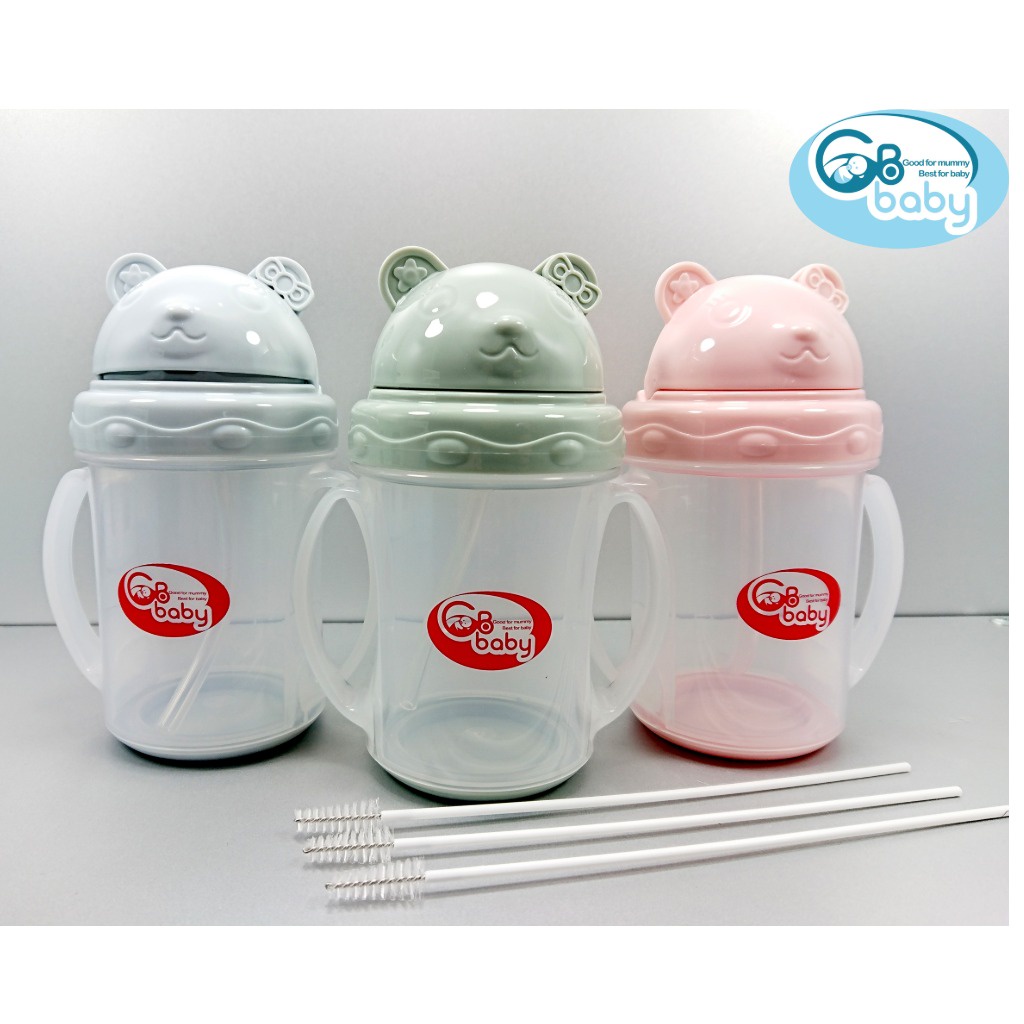 Bình tập uống nước cho bé GB-BABY 230ml kèm chổi vệ sinh ống hút, Cốc tập uống nước bật Gấu chính hãng