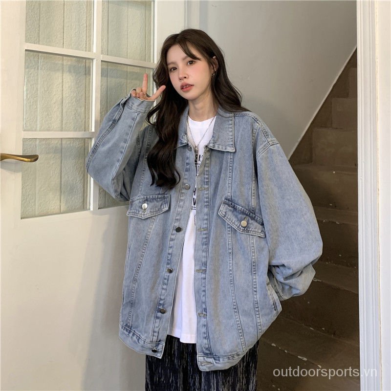 Áo khoác denim tay dài dáng rộng phong cách Hàn Quốc thời trang mùa thu cho nữ 2021NewPOLOCollarBFWind