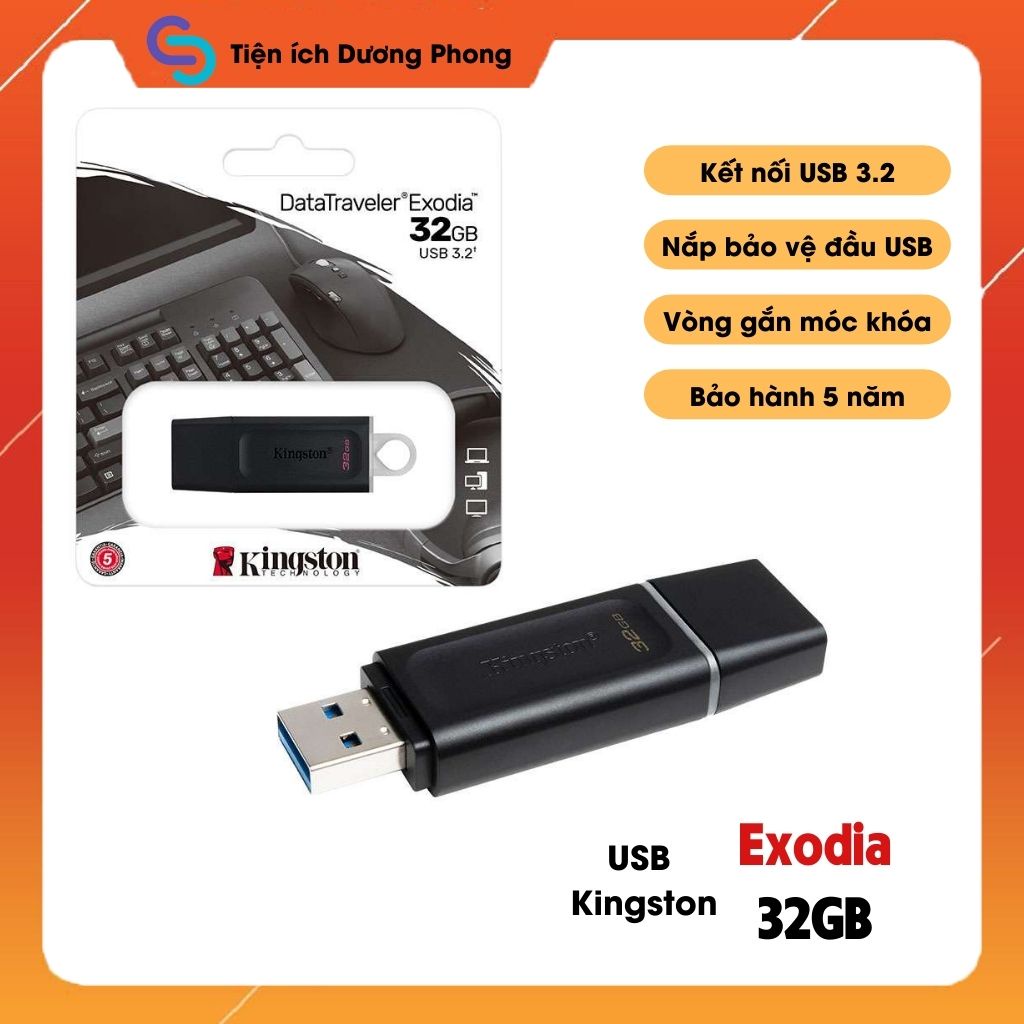USB 32Gb Kingston DataTraveler Exodia 3.2 Gen 1 DTX/32GB thời trang với nắp bảo vệ và móc khóa tiện lợi