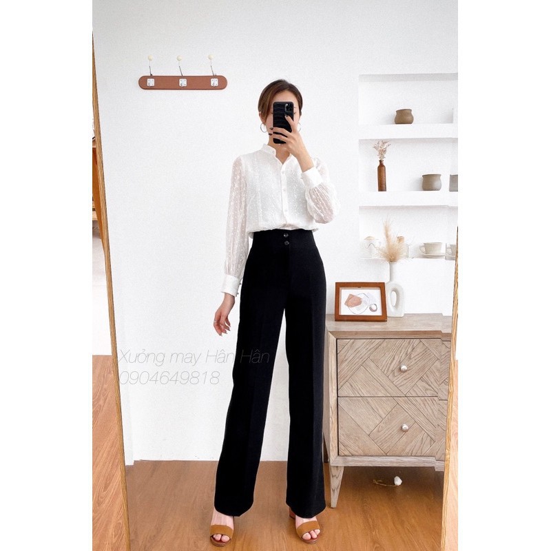 Quần ống loe nữ Quần tây culottes dáng dài cạp cao Vải màu Đen Trắng Be