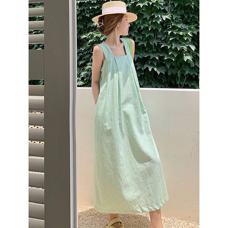 Đầm maxy 2 dây bản to cổ vuông dáng suông xếp ly ngực HV097, phù hợp đi biển đi chơi chất liệu thoáng mát