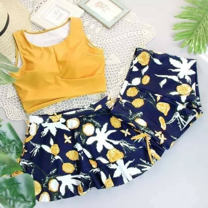 Bộ Đồ Bơi Nữ Bikini Đi Tắm Biển Set 3 Mảnh Áo Croptop Quần Đùi và Chân Váy Hoa Trẻ Kín Đáo B078