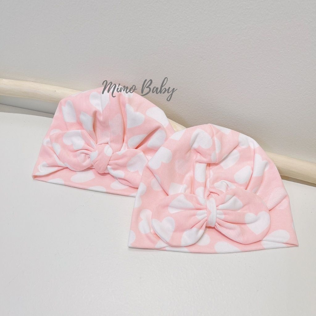 Mũ nón turban vải cotton co dãn màu hồng trái tim dễ thương cho bé gái MTB166 Mimo Baby