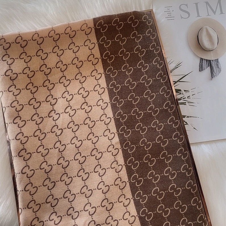 Khăn Choàng Vải Lanh Cao Cấp,Họa Tiết Chữ Cái Màu Nâu, Bản To 180*90,Khăn Lụa Mỏng - KQC7