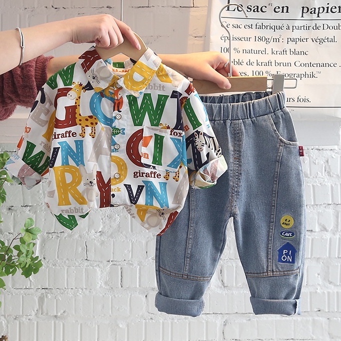 XẢ HÀNG BS12 Size80-120 Set bộ bé trai. Quần bò quần jean dài + Áo sơ mi Thời trang trẻ Em hàng quảng châu