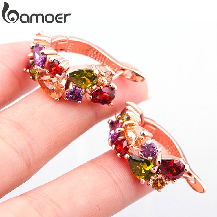 Bông tai Bamoer JIE019 tạo hình hoa với pha lê hồng  vàng thời trang thích hợp làm quà tặng cho trẻ em gái và phụ nữ