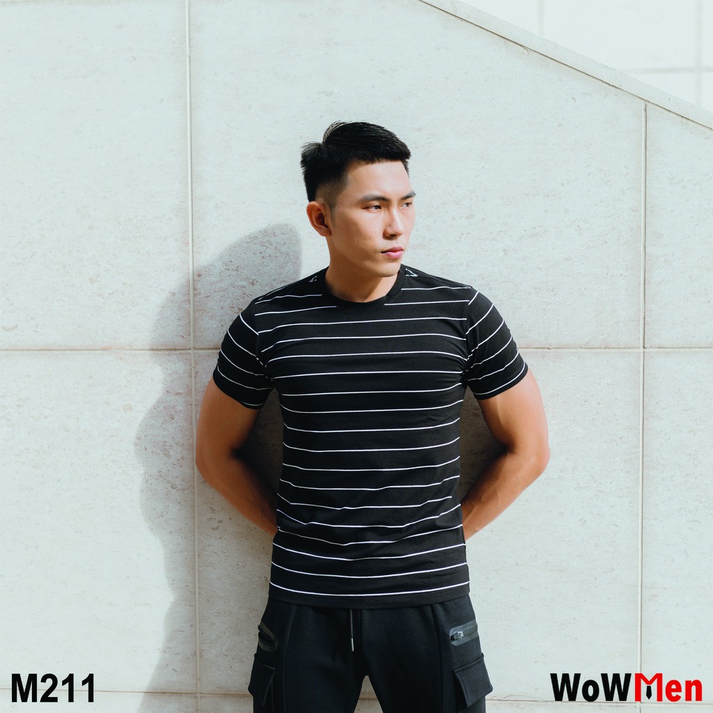 Áo Thun Ngắn Tay Nam Cổ Tròn Đen Sọc Ngang Trắng - M211 - T shirts For men