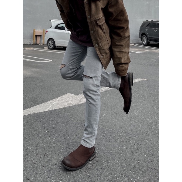 QUẦN JEANS NAM SKINNY XÁM TRO RÁCH GỐI TALURETRO