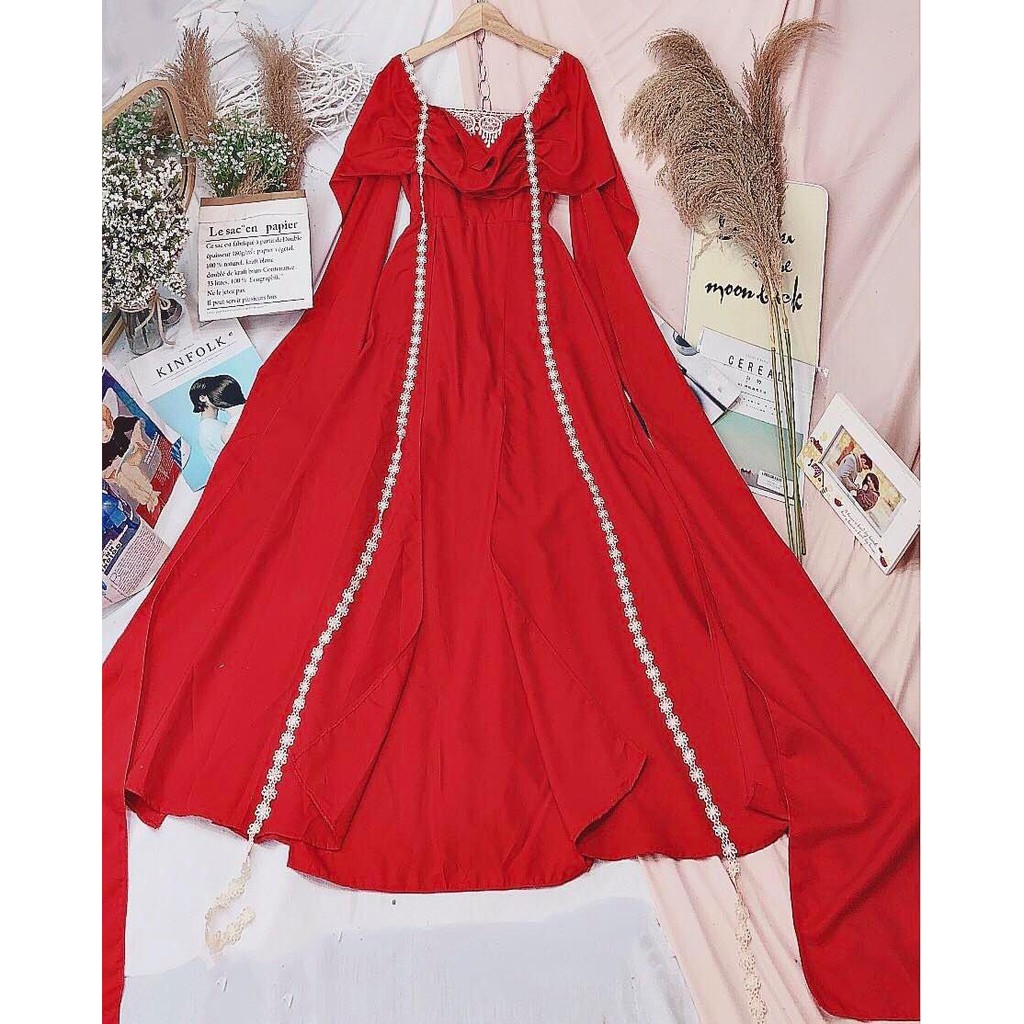 [Mã WAMT1505 giảm 10K đơn 0K] [VÁY-MAXI] Đầm maxi đi biển đỏ phối ren trắng có ảnh shop chụp | BigBuy360 - bigbuy360.vn