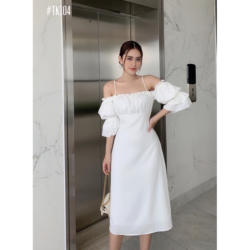 Đầm trễ vai phồng nhún thun | BigBuy360 - bigbuy360.vn