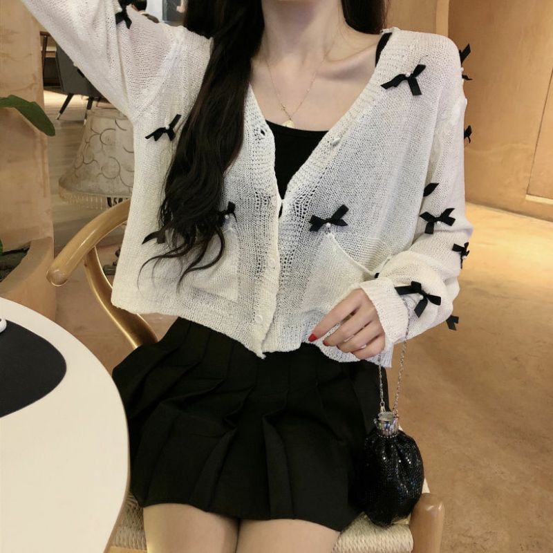 Áo Khoác Cardigan Thun Len Nữ Tay Dài Đính Nơ Siêu Dễ Thương