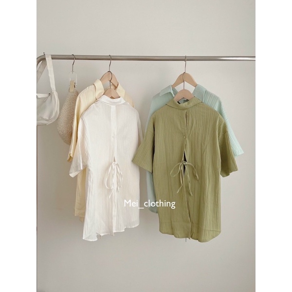 Áo sơmi gân tay lỡ xẻ lưng cách điệu, sơ mi nữ gợn sóng buộc nơ lưng A4