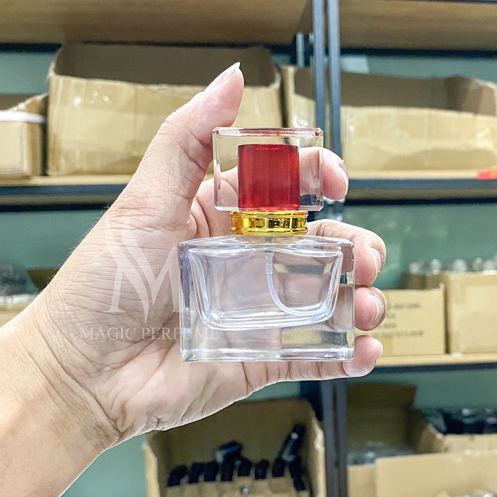 Chai đựng nước hoa cao cấp 30ml vuông ngắn nắp nắp màu pha lê trong suốt