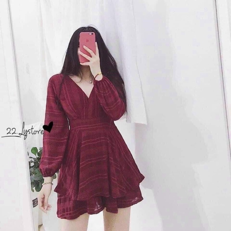 Jumpsuits đỏ dài tay vải cotton xước có dây buộc nơ eo