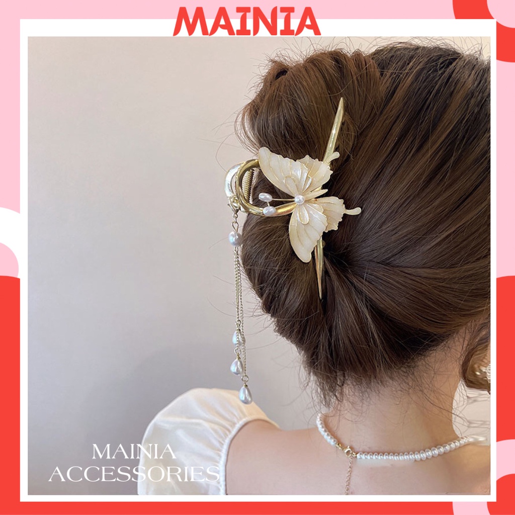 Kẹp Tóc Càng Cua Kim Loại Hàn Quốc Butterfly Trắng Đính Dây Ngọc Siêu Sang Chảnh Kẹp Tóc Đi Chơi Đi Tiệc Mainia Shop