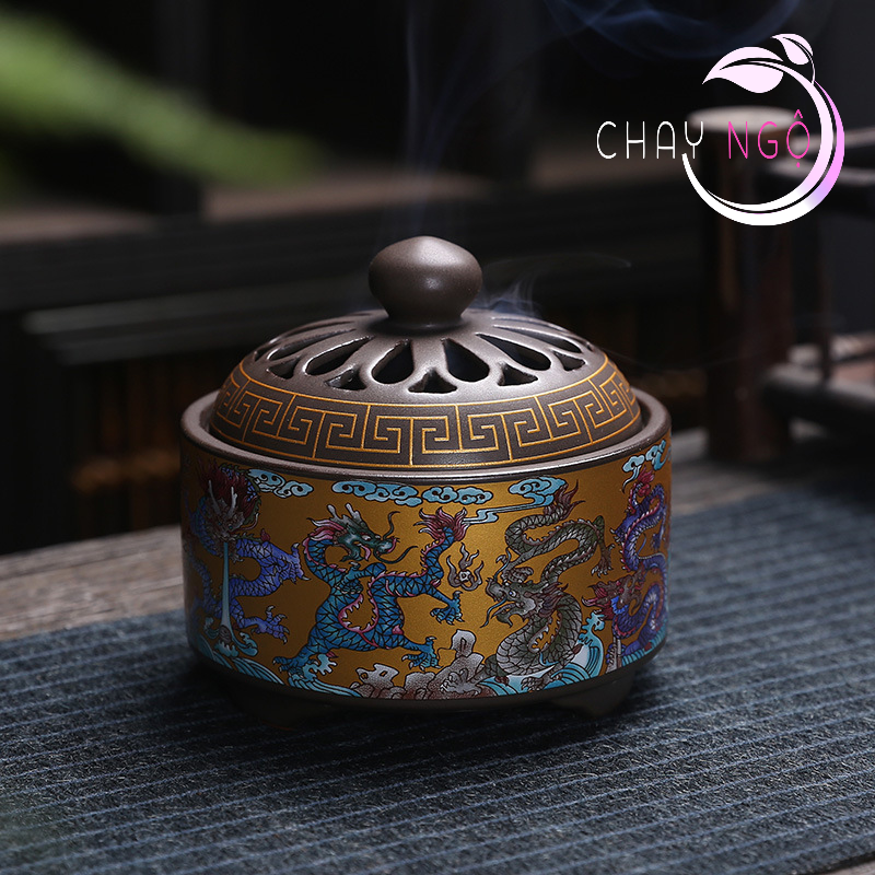 Lư Xông Trầm Hương Đỉnh đốt nhang bằng gốm sứ cao cấp có hoa văn chạm khắc - Lư trụ hình rồng