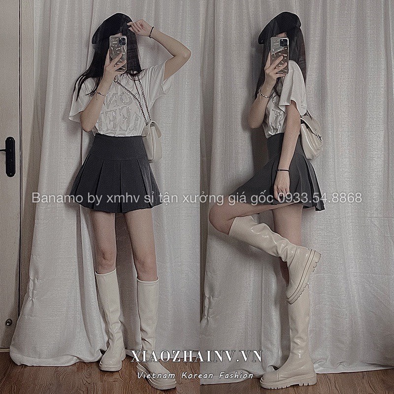 Chân váy tennis xếp ly to 3 màu trendy đen trắng xám thời trang Banamo Fashion  chân váy 5321