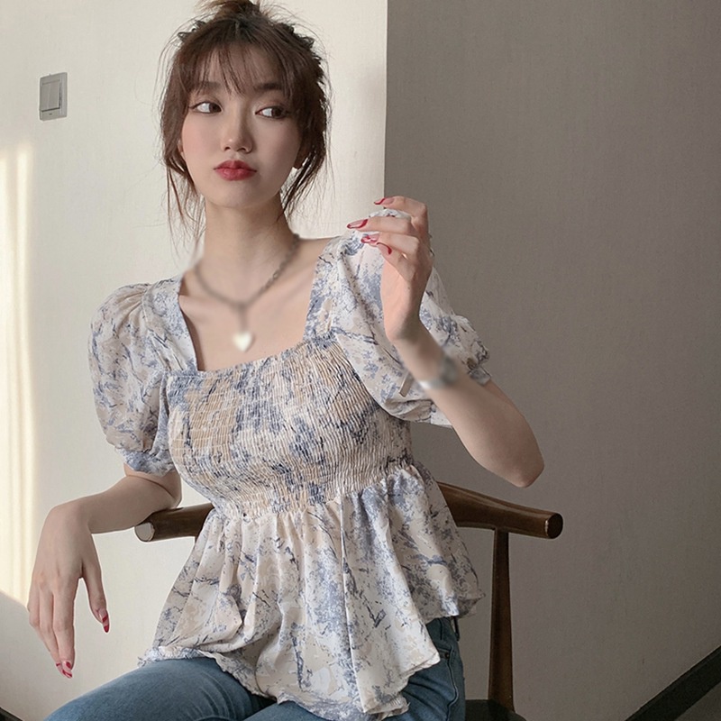 Áo Chiffon Tay Ngắn Cổ Vuông In Hoa Phong Cách Hàn Quốc Cho Nữ