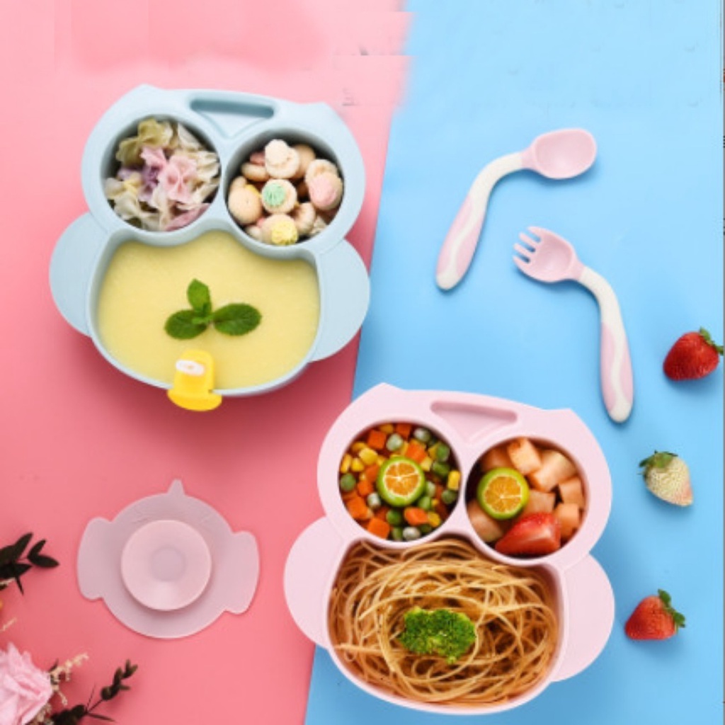 Bộ 4 Dụng Cụ Ăn Dặm Cho Bé Khay,Thìa, Dĩ Ống Hút, Đế Hút Chân Không, Đảm Bảo An Toàn Cho Bé