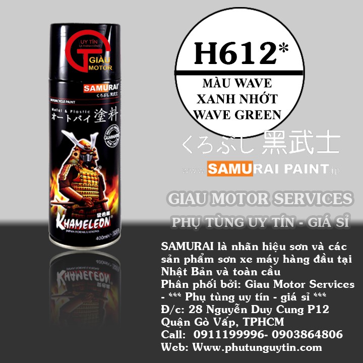 h612 _ Chai sơn xịt sơn xe máy Samurai H612 màu xanh nhớt Wave Honda _ Honda wave Green samurai , shop uy tín, rẻ