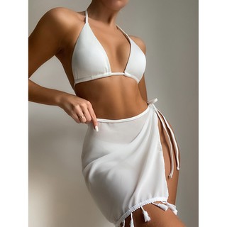 Set bikini 3 món trắng kèm khăn hông tua rua