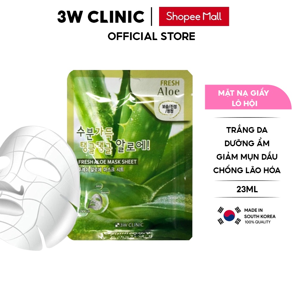 Mặt nạ giấy dưỡng ẩm trắng da chiết xuất từ Lô Hội 3W Clinic Hàn Quốc Lẻ Miếng 23ml