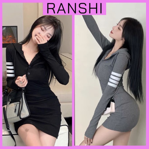 Váy Body Dài Tay Có Mũ RANSHI Đầm Body Thu Đông Ôm Sát Người Phối 4 Sọc Ở Tay - R1BD043