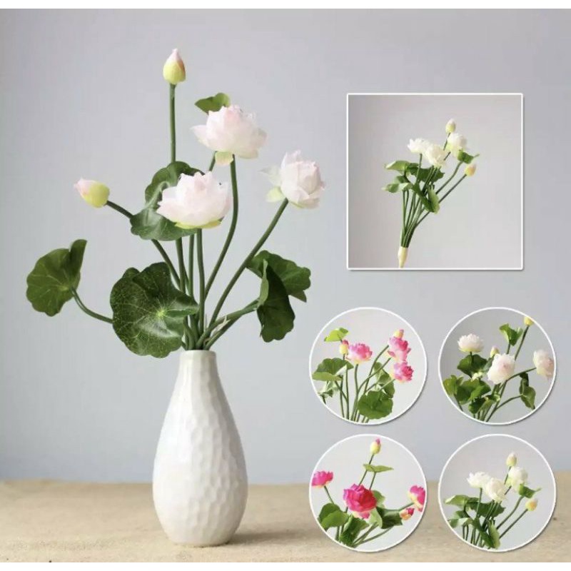 Cụm hoa sen nhí hoa giả trang nhã tuyệt đẹp, hoa lụa trang trí phòng khách, bàn lễ