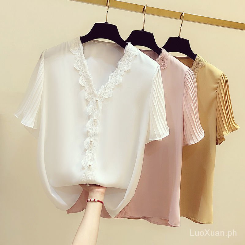 Áo Sơ Mi Chiffon Tay Ngắn Cổ Chữ V Dáng Rộng Phong Cách Phương Tây Thời Trang Cho Nữ