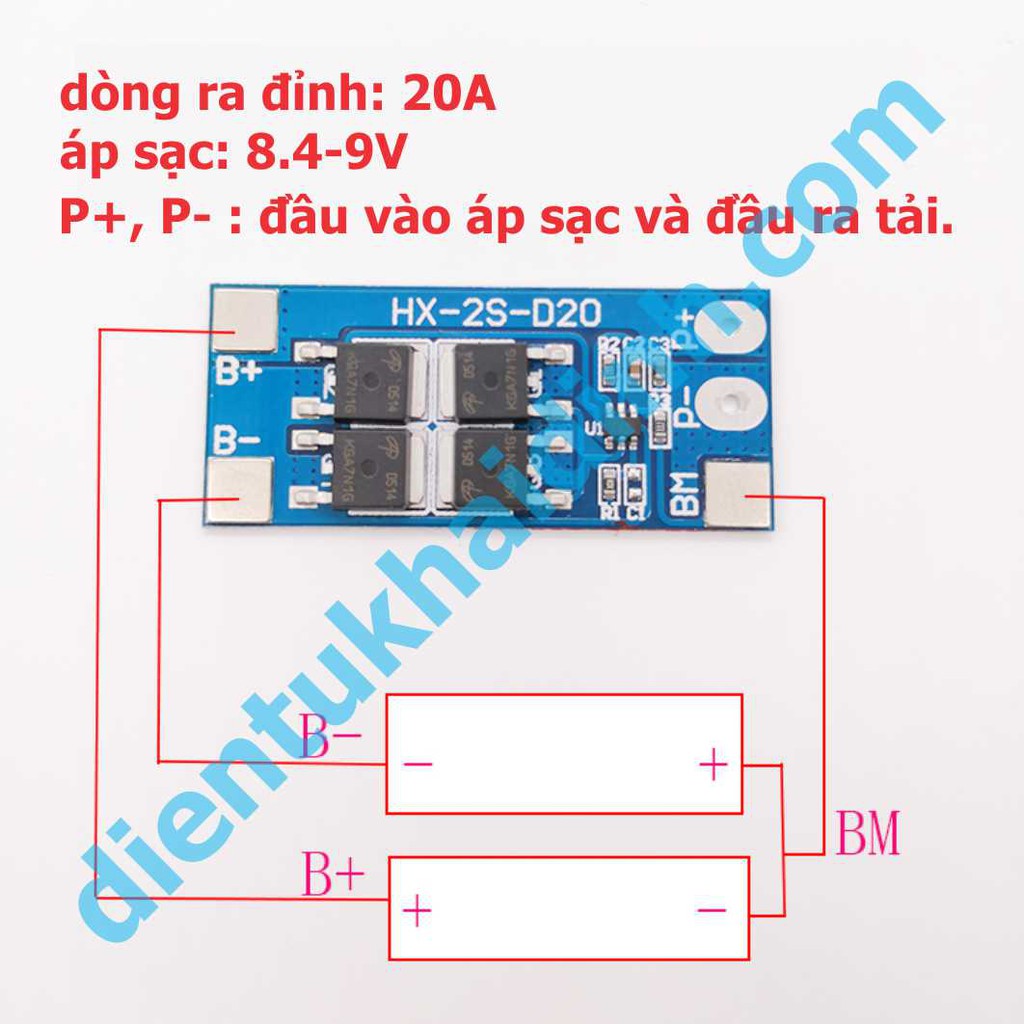 module SẠC, bảo vệ quá tải pin 18650 2 viên 7.4V-8.4V 20A kde3520
