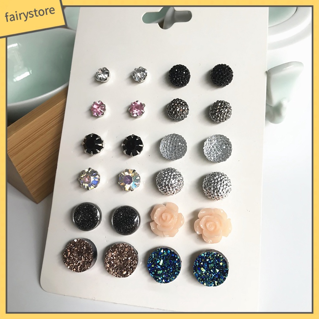 12 Đôi Khuyên Tai Kim Loại Đính Đá Màu Thời Trang Cho Nữ