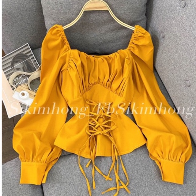 Áo kiểu tay phồng dài đan dây eo( Ảnh shop chụp thật 100%)